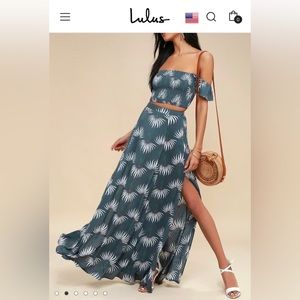 Lulu’s Trancoso Dusty Blue Floral Print Two-Piece Maxi Dress